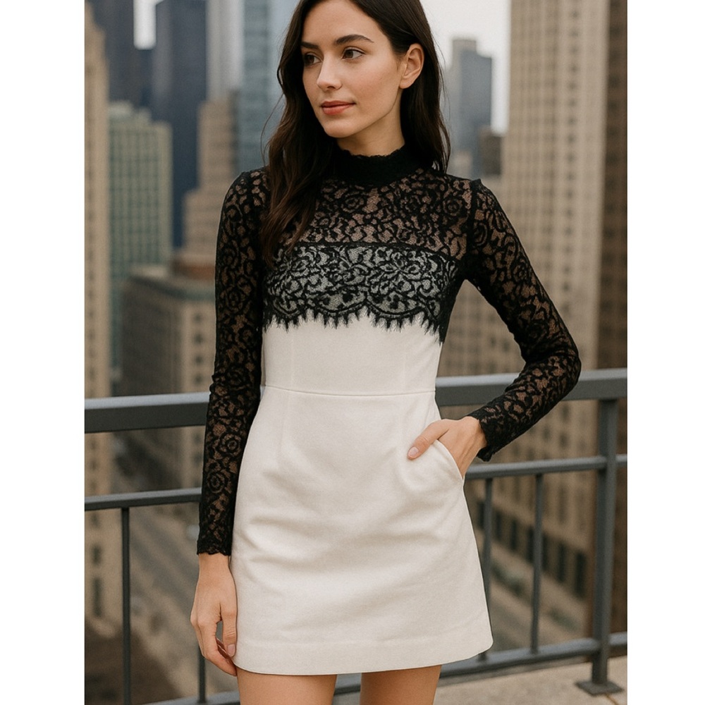 Rasario Silk Lace Corset Mini Dress Long Sleeve Black White FR 42 US 10